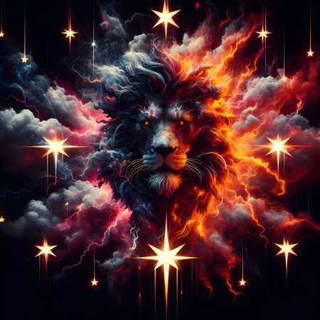 Lightning stars IN DIFFERENT SHADES OF black and a lion's head.の素材