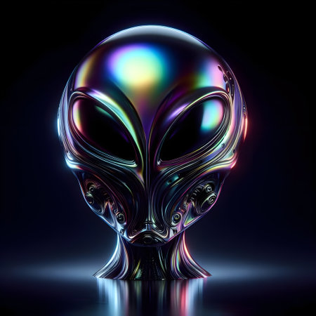 Alien helmet with iridescent reflection. Dark background.の素材