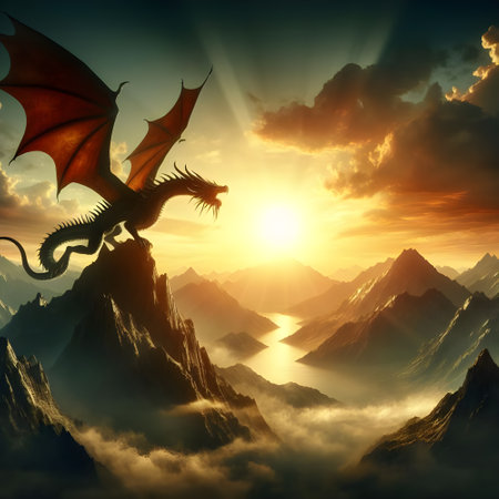 A dragon spreading its wings on a mountain with the sun behind.の素材