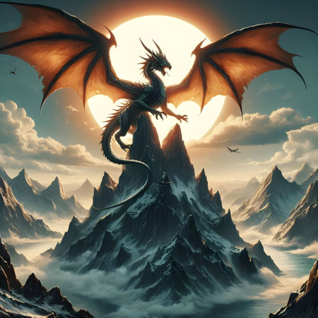 A dragon spreading its wings on a mountain with the sun behind.の素材