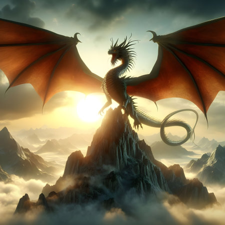A dragon spreading its wings on a mountain with the sun behind.の素材