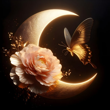 A shiny gold  moon, delicate butterfly, realistic Camellia, peony detailed.の素材