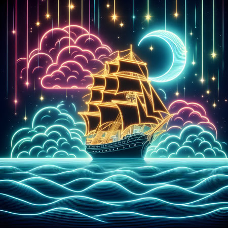 Sailing ship in the night sky with clouds. neon light artの素材