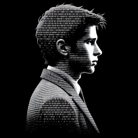 A silhouette of  young man made using binary numbers from 1 to 100.の素材
