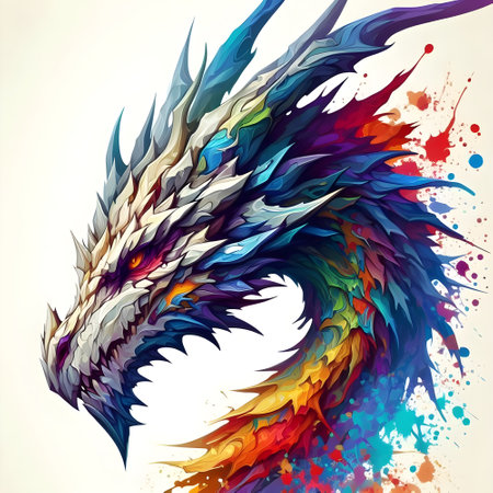 Dragon head, splash style of colorful paint, contour, hyper detailed.の素材
