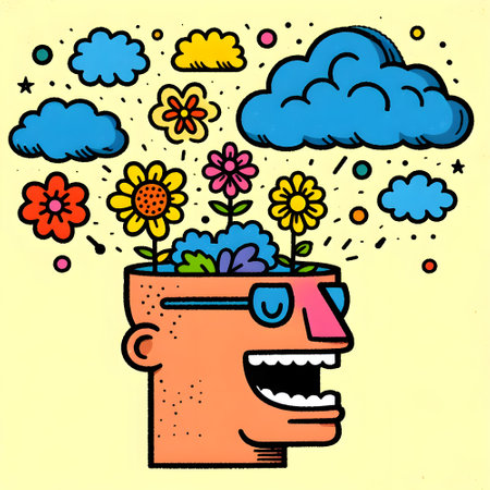 Cartoon head with clouds and flowers.の素材
