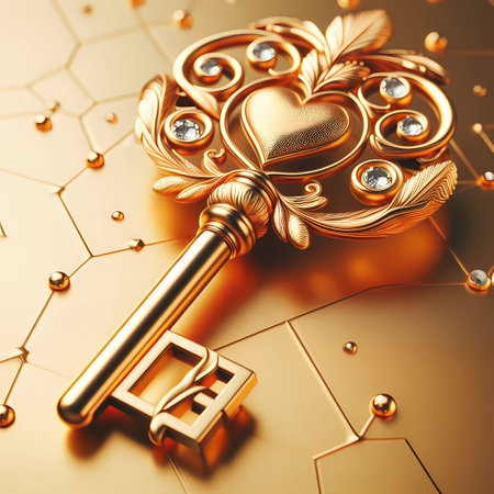 Key to love. Golden key on golden background. 3d renderingの素材