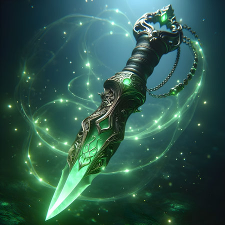 A mystical dagger with green glow, 3d render.の素材