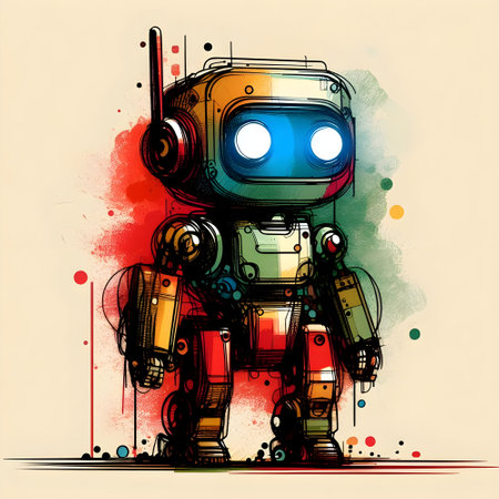 Vector illustration of a robot on a grunge background with watercolor stains.の素材