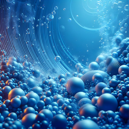Abstract 3d illustration of blue color background with bubbles and balls.の素材