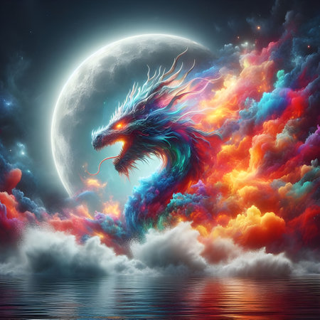 Dragon with glowing insident moon waterfall abstract bursting rainbow liquid.の素材