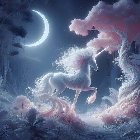 A graceful unicorn in a mystical forest in moonlight white and fairy dust pink.の素材