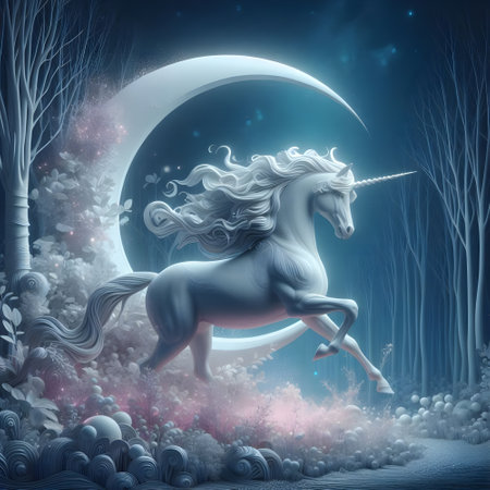 A graceful unicorn in a mystical forest in moonlight white and fairy dust pink.の素材