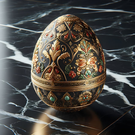 Easter egg on a marble background, 3d render, square imageの素材