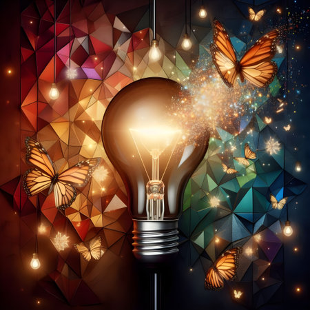 A light bulb illuminating the night shines on butterflies flying.の素材