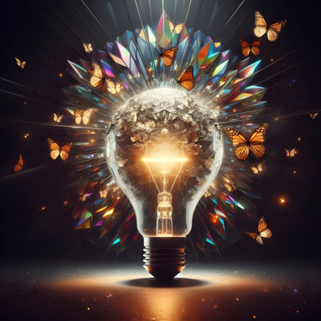 A light bulb illuminating the night shines on butterflies flying.の素材