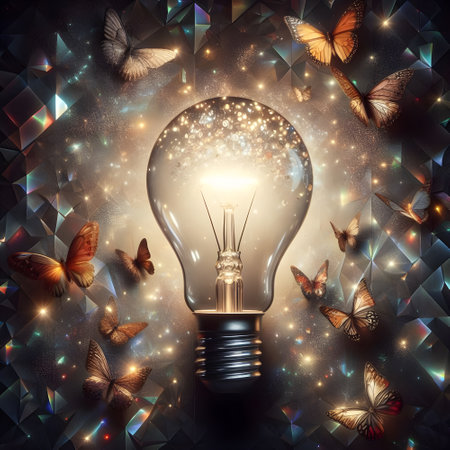 A light bulb illuminating the night shines on butterflies flying.の素材