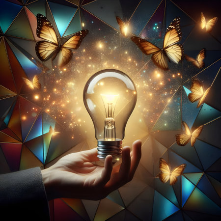 A light bulb illuminating the night shines on butterflies flying.の素材