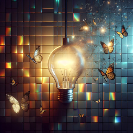 A light bulb illuminating the night shines on butterflies flying.の素材