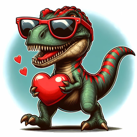 Cute cartoon dinosaur with heart shaped sunglasses. Vector illustration for t-shirt design.の素材