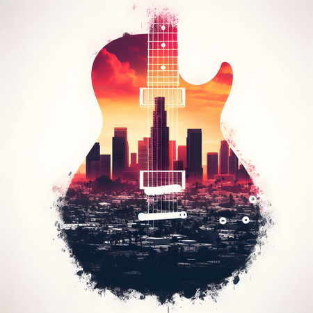 LA city skyline etched inside the silhouette of a guitar.の素材