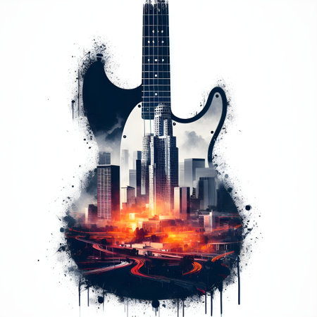 LA city skyline etched inside the silhouette of a guitar.の素材