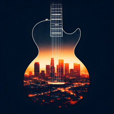 LA city skyline etched inside the silhouette of a guitar.の素材