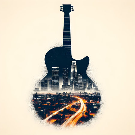 LA city skyline etched inside the silhouette of a guitar.の素材