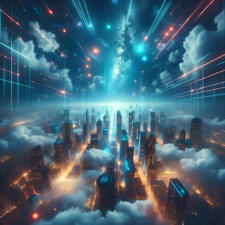 Sky with lights reflecting on clouds, bottom view.の素材