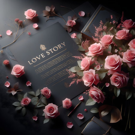 Valentine's day background with roses and books on dark backgroundの素材