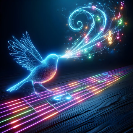 A singing bird is meticulously depicted with illuminated glowing LED lights.の素材
