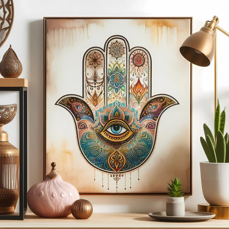 Hamsa hand painted with colored paints on a colorful background.の素材