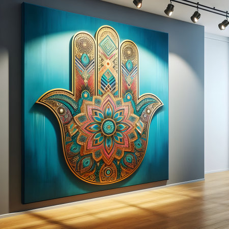 Hamsa hand painted with colored paints on a colorful background.の素材