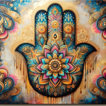 Hamsa hand painted with colored paints on a colorful background.の素材