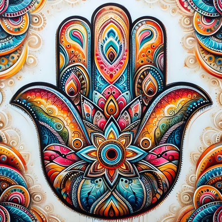 Hamsa hand painted with colored paints on a colorful background.の素材