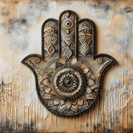 Hamsa hand painted with colored paints on a colorful background.の素材
