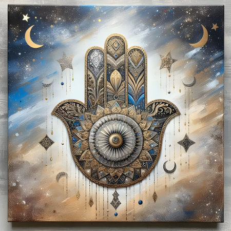 Hamsa hand painted with colored paints on a colorful background.の素材
