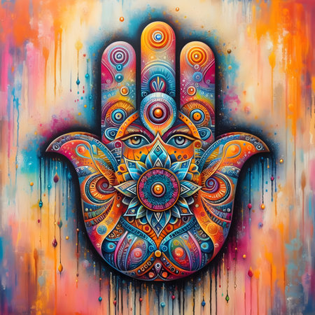 Hamsa hand painted with colored paints on a colorful background.の素材