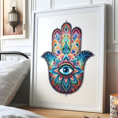 Hamsa hand painted with colored paints on a colorful background.の素材