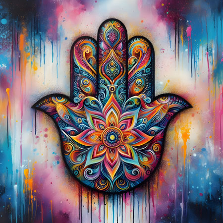 Hamsa hand painted with colored paints on a colorful background.の素材