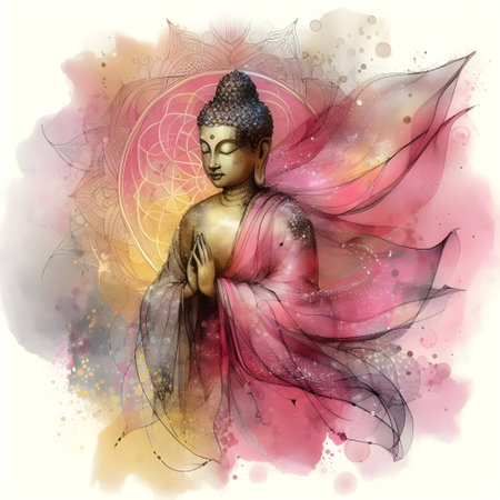 Buddha statue covered with gauze, spider webs, glitter, pink and yellow background.の素材