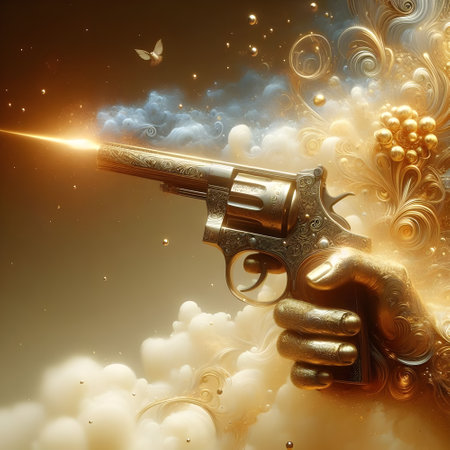 Gun render shooting a dreamy golden rusty engraved bullet.の素材