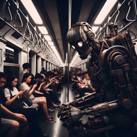 A mechanical robot made up of gears and wires travels on a crowded subway.の素材