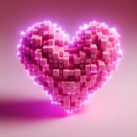 Pink heart made in the shape of small cubes in 3D.の素材
