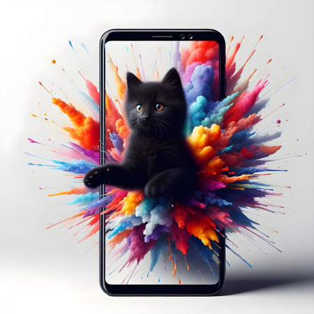Black kitten coming out of the screen of a smartphone.の素材