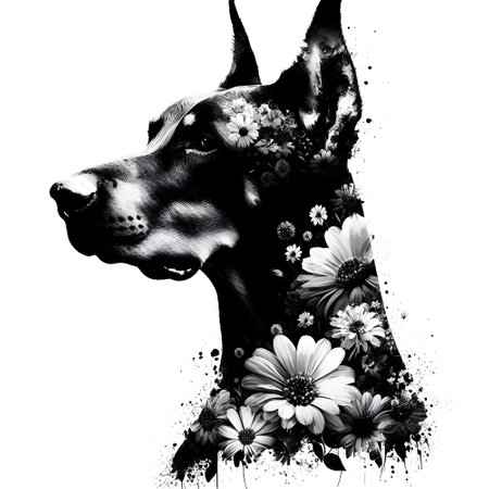 A silhouette of a doberman dog with double exposure of flowers in silhoutte.の素材