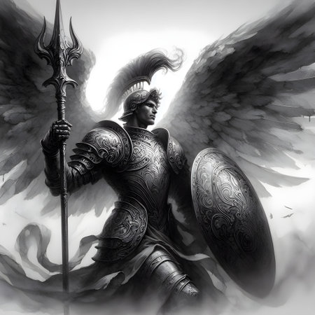 A dark-skinned angel in armor held a beautiful long spear in one hand.の素材