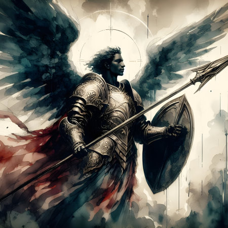 A dark-skinned angel in armor held a beautiful long spear in one hand.の素材