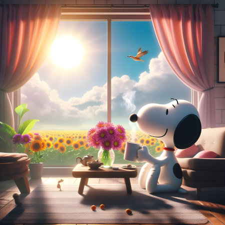 Snoopy having a coffee in his living room in the morning.の素材