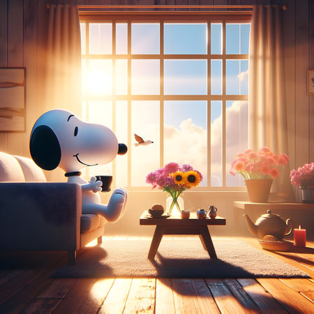Snoopy having a coffee in his living room in the morning.の素材